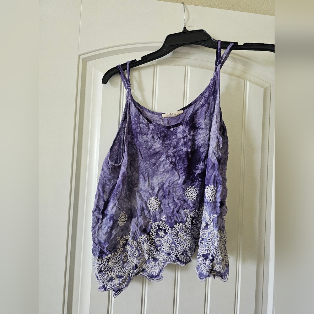 Purple Tie-Dye Women's Top with Embroidered Hem